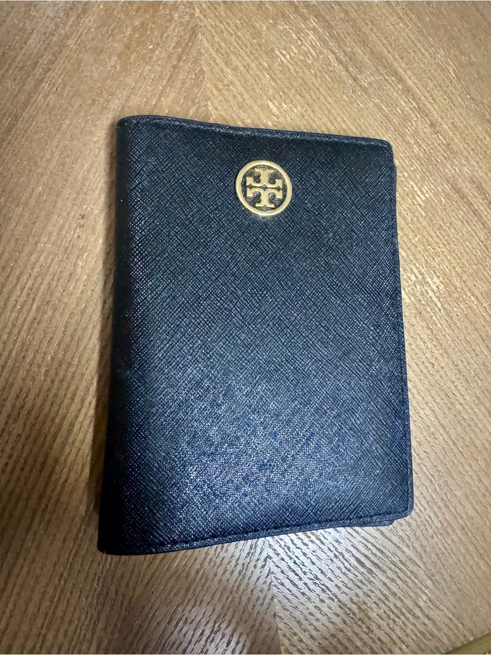 Tory Burch Black Leather Robinson Passport Holder with Gold Logo
